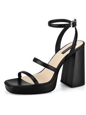 Women's Black Matte 4 inch Buckle Ankle Strap Chunky Square Open Heeled Sandals